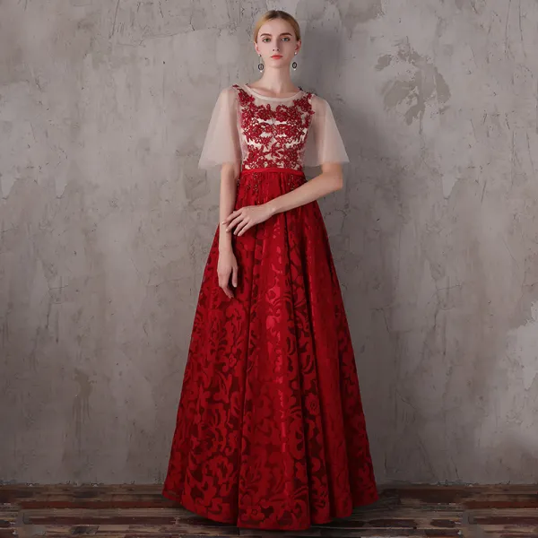 Modern / Fashion Red Prom Dresses 2018 A-Line / Princess Scoop Neck 1/2 Sleeves Appliques Lace Beading Sash Floor-Length / Long Ruffle Backless Formal Dresses