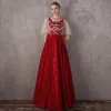Modern / Fashion Red Prom Dresses 2018 A-Line / Princess Scoop Neck 1/2 Sleeves Appliques Lace Beading Sash Floor-Length / Long Ruffle Backless Formal Dresses