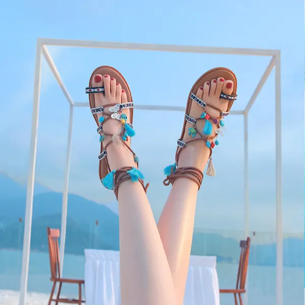 Moderne / Mode Bohême Marron Sandales Femme Plage Cuir Été Perlage Lanières Gland Plate Sandales Chaussures Femmes 2019
