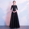 Modest / Simple Black Floor-Length / Long Evening Dresses  2018 A-Line / Princess Charmeuse U-Neck Beading Sequins Evening Party Formal Dresses
