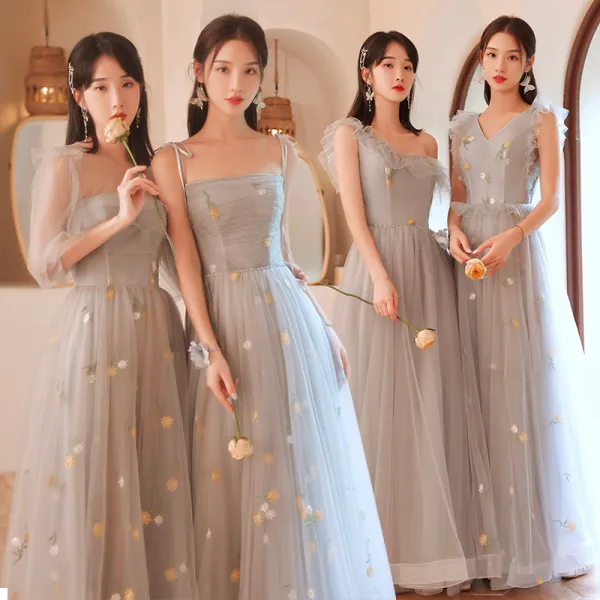 Modest / Simple Grey Appliques Bridesmaid Dresses 2024 A-Line / Princess Backless Floor-Length / Long