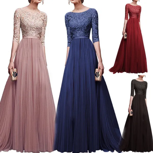 Modest / Simple Navy Blue Maxi Dresses 2018 A-Line / Princess Lace Sash Scoop Neck 1/2 Sleeves Floor-Length / Long Womens Clothing