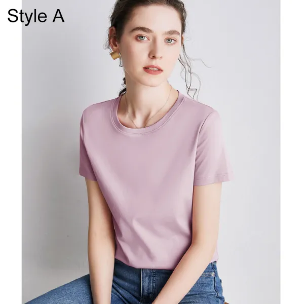 Modest / Simple OL Casual Lavender Regular T-Shirts 2021 Scoop Neck Cotton Short Sleeve Women's Tops T-shirt