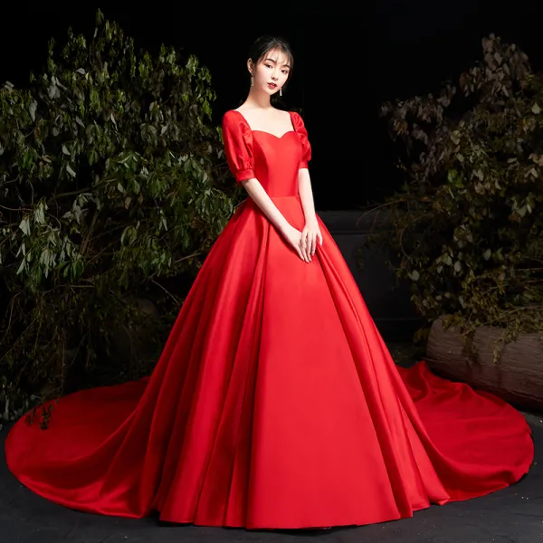 Modest / Simple Red Satin Bridal Wedding Dresses 2020 Ball Gown Square Neckline Puffy Short Sleeve Backless Cathedral Train Ruffle