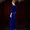 Modest / Simple Royal Blue Velour Winter Evening Dresses  2020 A-Line / Princess V-Neck 3/4 Sleeve Rhinestone Sash Floor-Length / Long Ruffle Formal Dresses