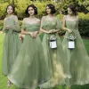 Modest / Simple Sage Green Bridesmaid Dresses 2021 A-Line / Princess Backless Floor-Length / Long Ruffle