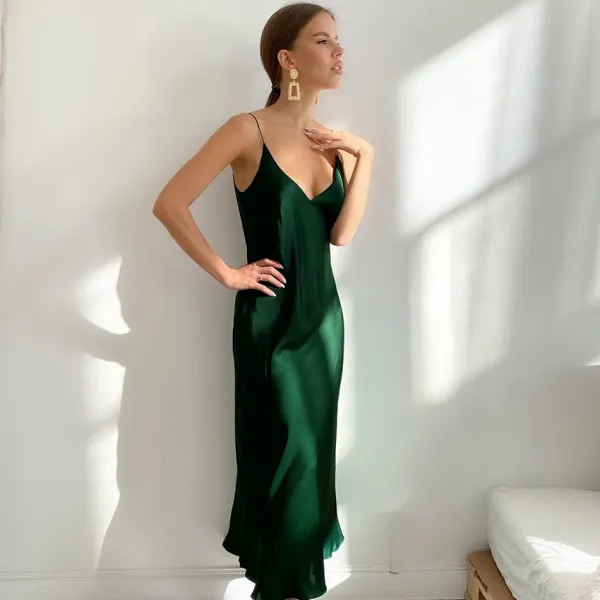 Modest / Simple Summer Dark Green Silk Maxi Dresses 2021 Spaghetti Straps Sleeveless Tea-length Backless Womens Clothing