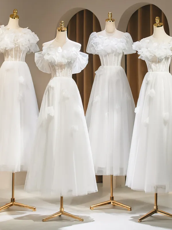 Modest / Simple White Appliques Bridesmaid Dresses 2024 A-Line / Princess Short Sleeve Backless Floor-Length / Long