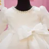 Modest / Simple White Organza Birthday Flower Girl Dresses 2020 Ball Gown Scoop Neck Puffy 1/2 Sleeves Bow Pearl Short Ruffle Wedding Party Dresses