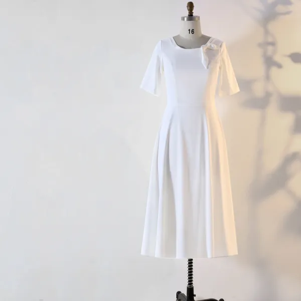 Modest / Simple White Plus Size Evening Dresses  2020 A-Line / Princess 1/2 Sleeves U-Neck Handmade  Solid Color Tea-length Evening Party Summer Formal Dresses