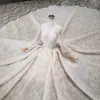Najpiękniejsze / Ekskluzywne Wysokiej Klasy Szampan Suknia Balowa Suknie Ślubne 2020 Długie Rękawy Wycięciem Wykonany Ręcznie Bez Pleców Frezowanie Kryształ Perła Rhinestone Cekiny Trenem Katedra Ślub