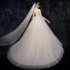 Niedrogie Białe Ogród / Outdoor Przezroczyste Suknie Ślubne 2020 Suknia Balowa Wysokiej Szyi 3/4 Rękawy Frezowanie Perła Trenem Sweep Wzburzyć