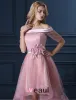 Nouvelle Mode Perles Robe De Cocktail Rose Tulle Carré Robe Décolleté De Bal Avec Des Fleurs