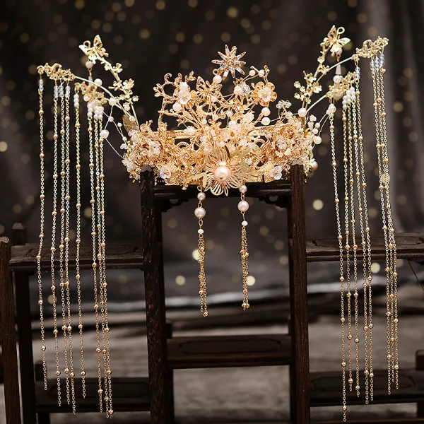 Oszałamiający Złote Biżuteria Ślubna 2020 Metal Frezowanie Perła Kutas Kolczyki Tiara Ozdoby Do Włosów Ślubne
