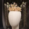 Oszałamiający Złote Biżuteria Ślubna 2020 Metal Frezowanie Perła Kutas Kolczyki Tiara Ozdoby Do Włosów Ślubne