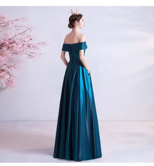 Vintage / Retro Ink Blue Evening Dresses 2020 A-Line / Princess Off-The ...