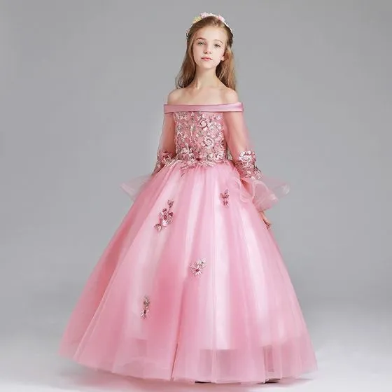 Chic / Beautiful Candy Pink Flower Girl Dresses 2017 Ball Gown Off-The ...