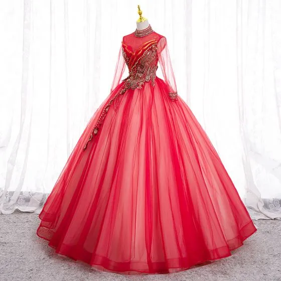 Elegant Red Pearl Sequins Lace Flower Prom Dresses 2022 Ball Gown High ...