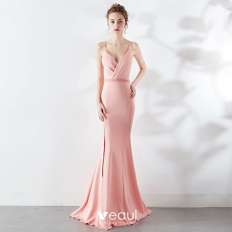 Modest Simple Blushing Pink Evening Dresses 2019 Trumpet
