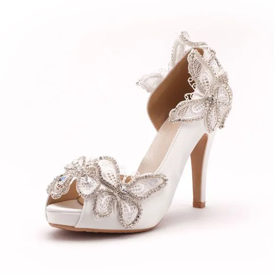 Bling Wedding Shoes, Ivory Satin and Lace Bridal Shoes with Rhinestones