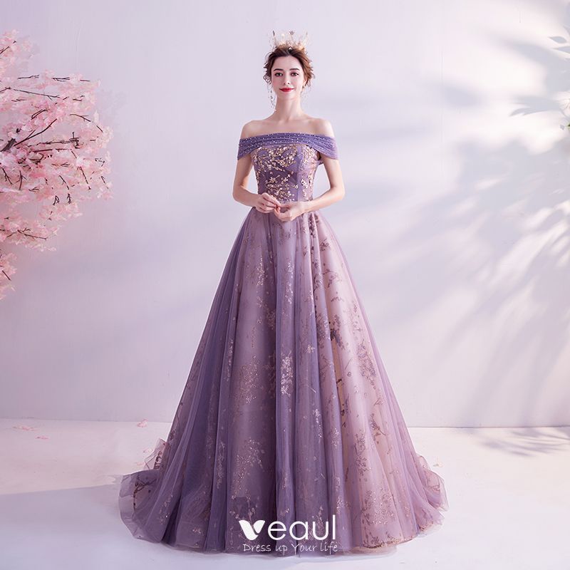 Charming Purple Prom Dresses 2020 A-Line / Princess Off-The-Shoulder ...