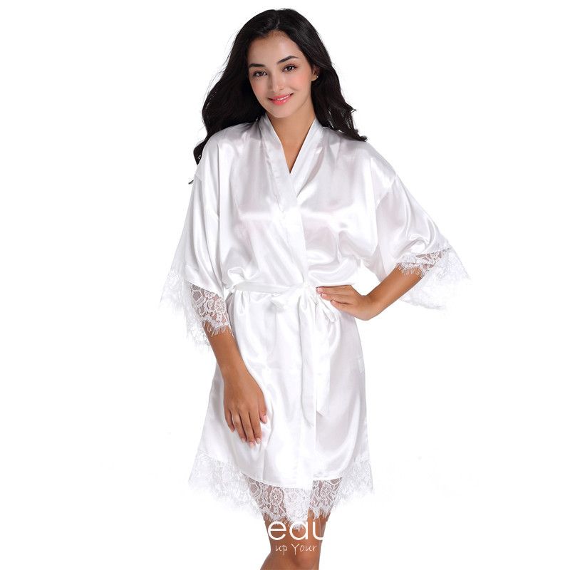 Modest / Simple White Wedding Bridal V-Neck 3/4 Sleeve Lace Silk Robes ...