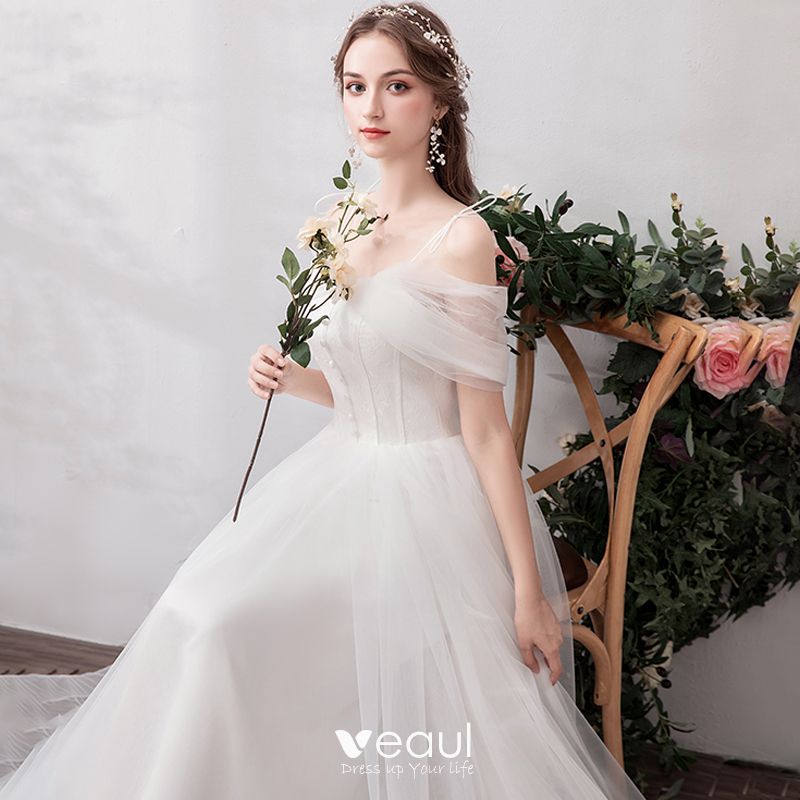 Classique l gant Blanche Robe De Soir e 2019 Princesse Dentelle Tulle V Cou Dos Nu Robe