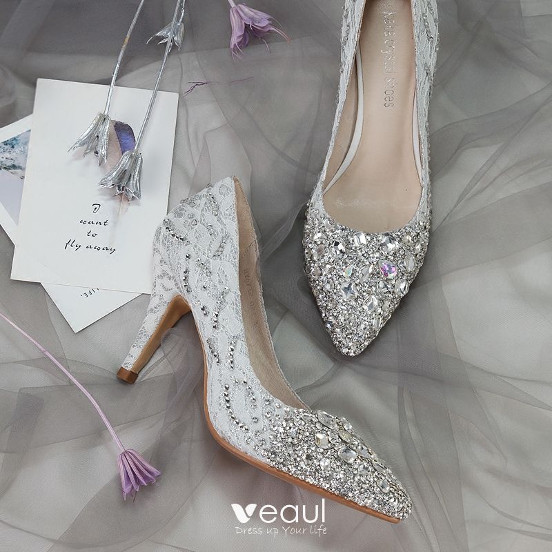 Sparkly Silver Cinderella Wedding Shoes 2018 Crystal Rhinestone Leather  Pointed Toe High