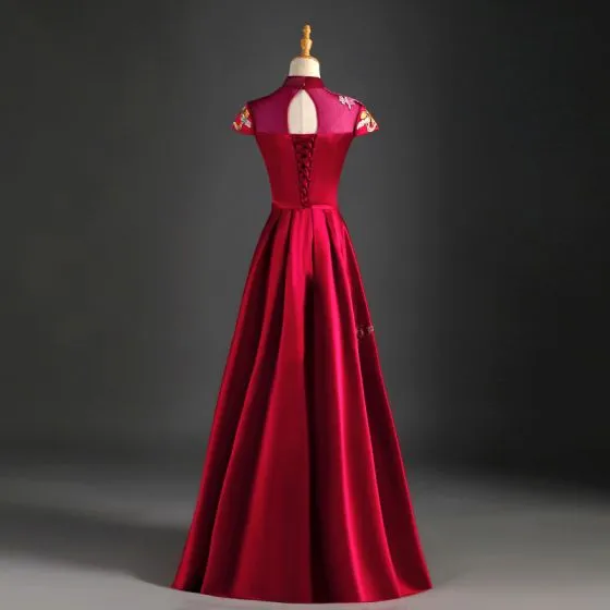 Chinese style Burgundy Evening Dresses 2019 A-Line / Princess High Neck ...
