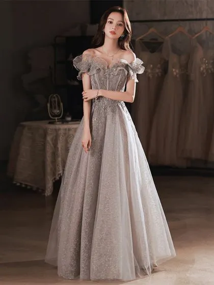 Charming Silver Prom Dresses 2022 A-Line / Princess Off-The-Shoulder ...