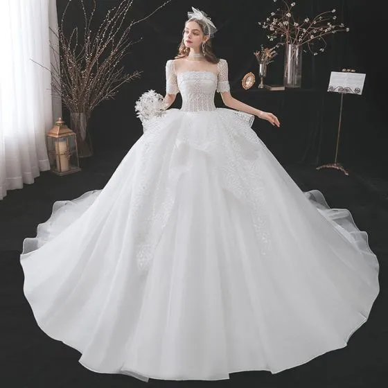 Fashion Ivory Glitter Wedding Dresses 2021 Ball Gown Scoop Neck Beading ...