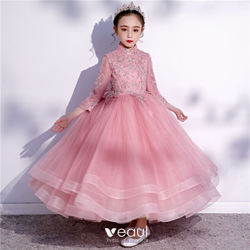 Vintage / Retro Candy Pink Birthday Flower Girl Dresses 2020 Ball Gown High  Neck 3/4 Sleeve