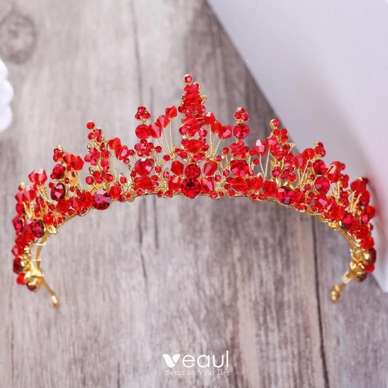 Chic Beautiful Red Rhinestone Gold Tiara 2018 Metal Crystal Wedding Accessories