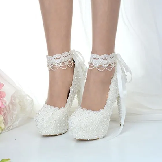 Classic Ivory Lace Flower Wedding Shoes 2020 Pearl 14 cm Stiletto Heels ...