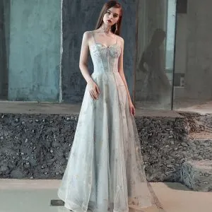 Elegant Grey Evening Dresses 2018 A-Line / Princess Cartoon Spaghetti Straps Backless Sleeveless Floor-Length / Long Formal Dresses