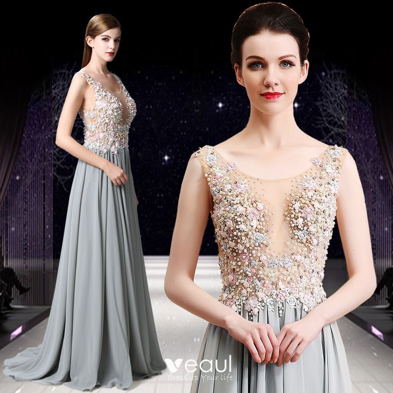 Elegant Grey Prom Dresses 2019 A-Line / Princess Scoop Neck Beading ...