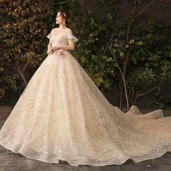Sparkly Bling Bling Champagne Wedding Dresses 2019 A Line