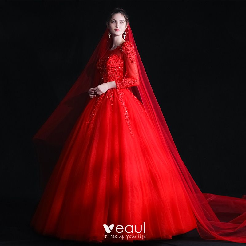 Modest Muslim Red Wedding Dresses 2020 Ball Gown See-through Square Long Sleeve Appliques Lace Floor-Length Long Ruffle
