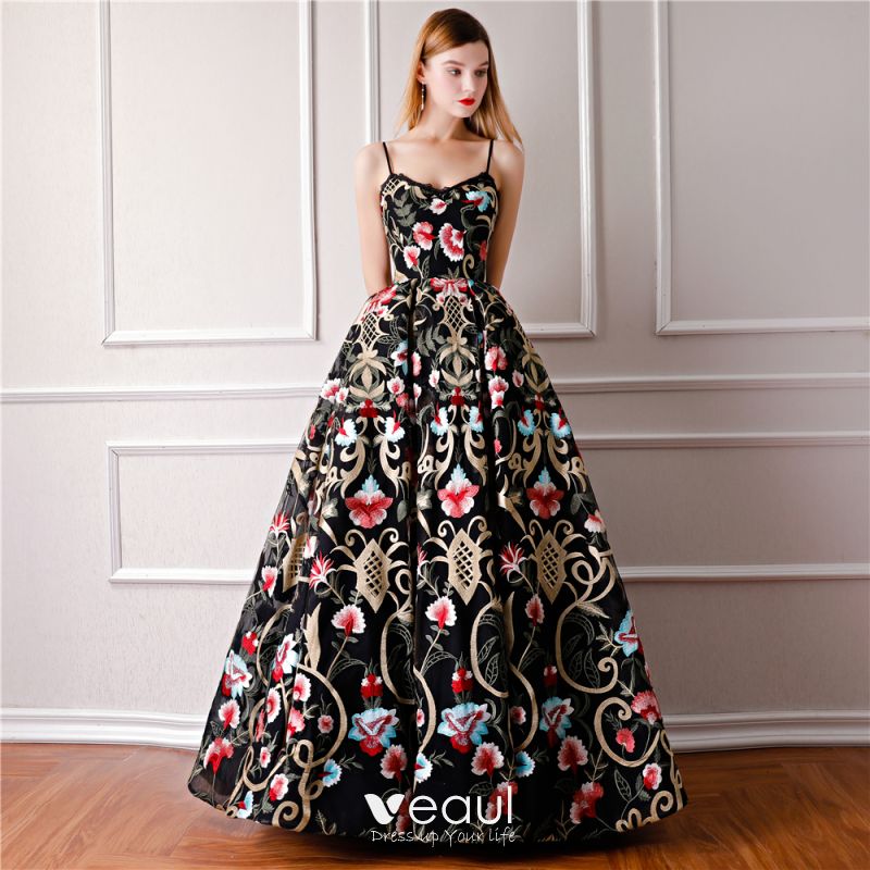 black prom dress with embroidered flowers