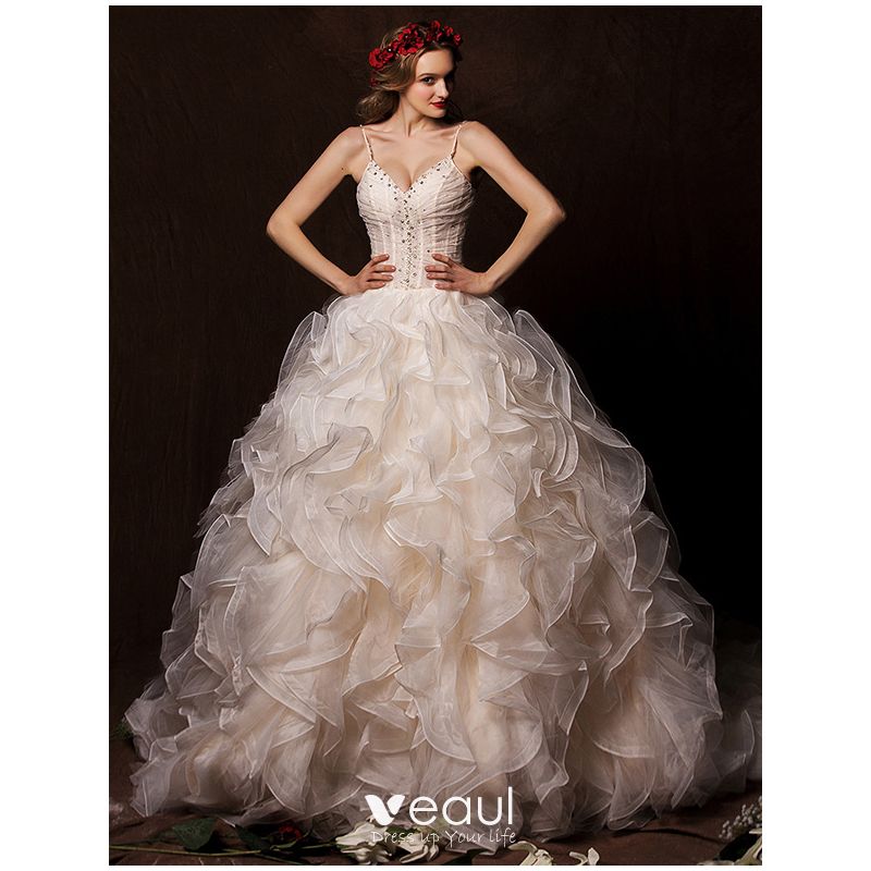 2015 Ball Gown Sweetheart Spaghetti Straps Cascading Ruffles Champagne 