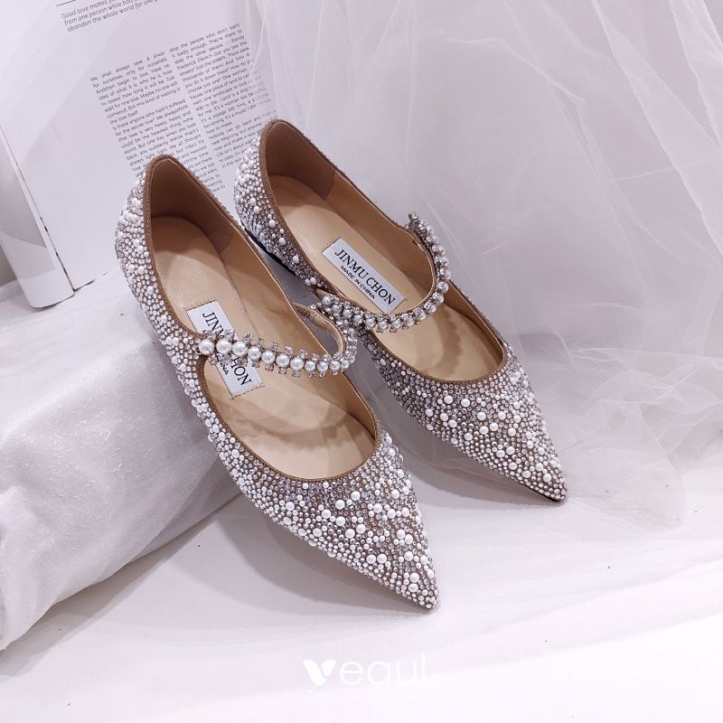 Charming Champagne Silver Flat Pearl Wedding Shoes 2020 Rhinestone ...