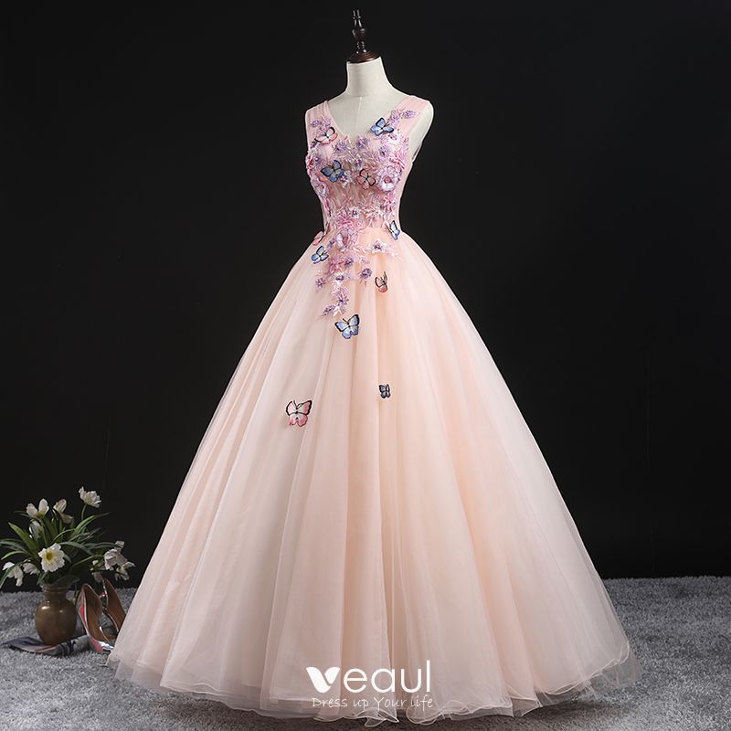 Chic Beautiful Pearl Pink Prom Dresses 2020 Ball Gown V Neck Sleeveless Butterfly Appliques