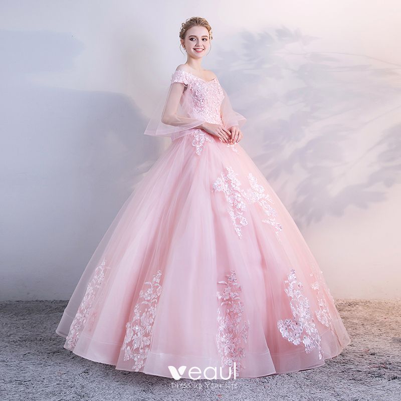 Chic / Beautiful Candy Pink Puffy Prom Dresses 2018 Ball Gown Lace ...