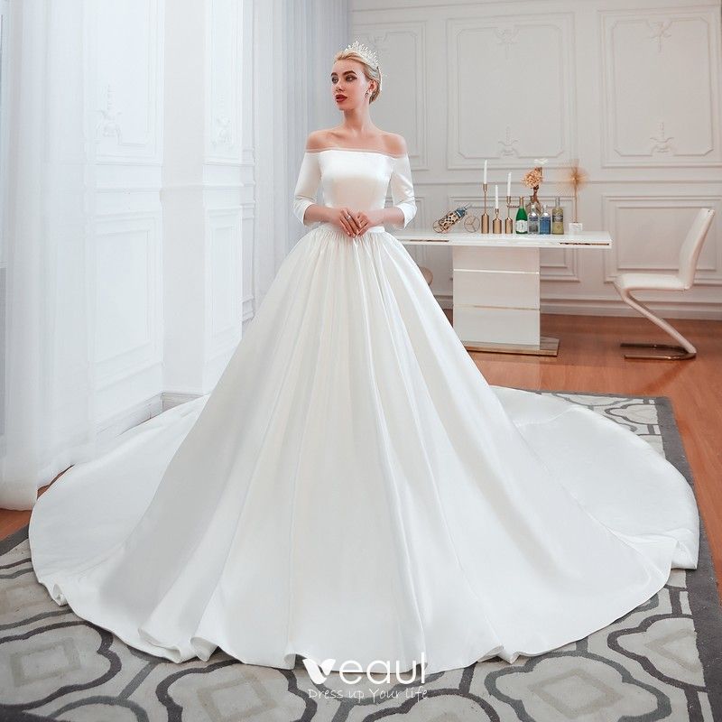 Affordable Modest Simple Ivory Satin Wedding Dresses 2019 A Line Princess Off The Shoulder 3 5206