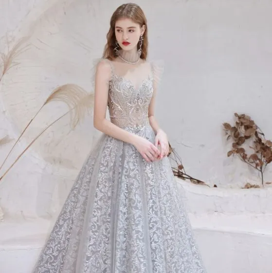 Sexy Silver Prom Dresses 2021 A-Line / Princess High Neck Beading ...