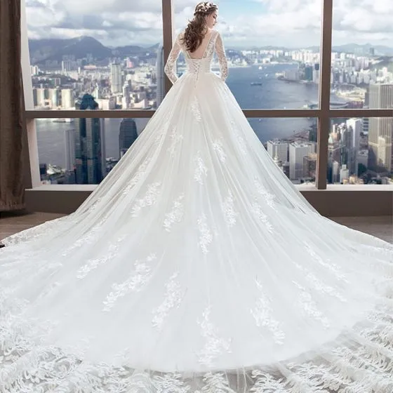 Chic / Beautiful White Wedding Dresses 2018 A-Line / Princess V-Neck ...