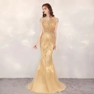 High-end Gold Evening Dresses 2020 Trumpet / Mermaid See-through Scoop ...