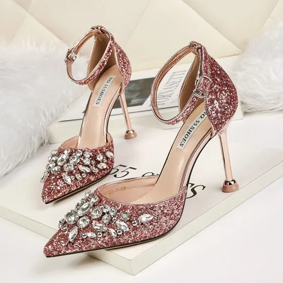 Sparkly Gold Wedding Shoes 2019 Ankle Strap Rhinestone Sequins 9 cm ...