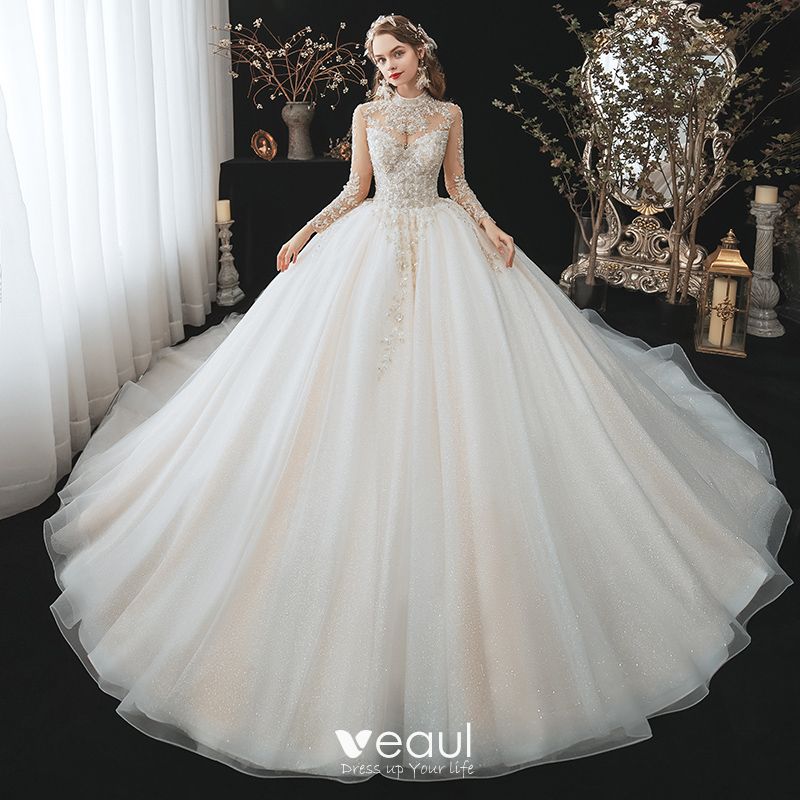 Romantic Champagne Bridal Wedding Dresses 2020 Ball Gown See-through ...