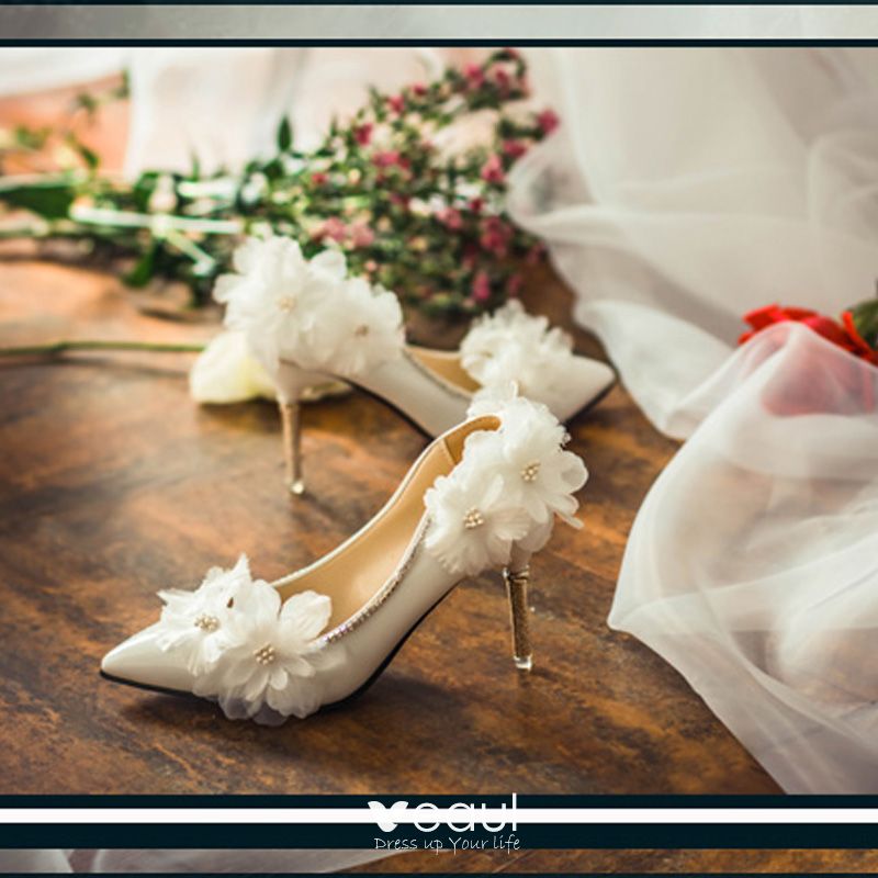 Chic / Beautiful White Wedding Shoes 2018 Handmade Flower Rhinestone 9 cm  Stiletto Heels Pointed Toe Wedding
